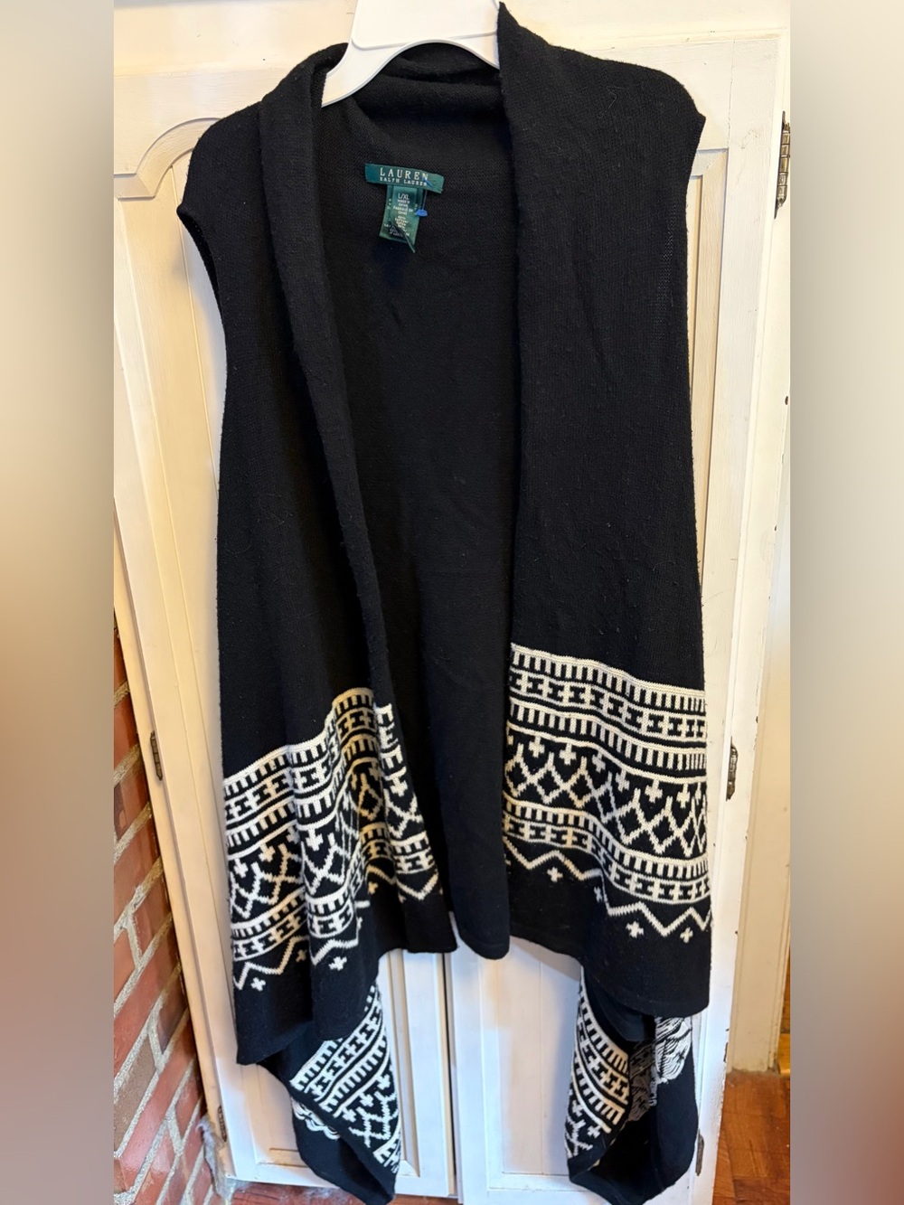 Lauren Ralph Lauren Black White Open Cardigan Long Flowing Aztec